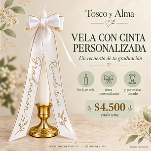 Vela con cinta personalizada y portavelas dorado
