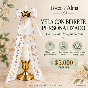 Vela personalizada con birrete y portavelas dorado