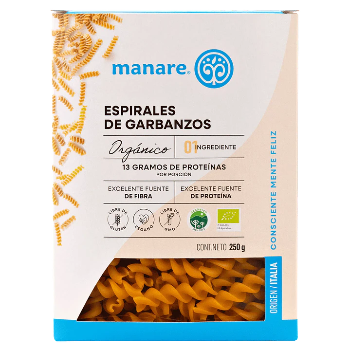 Pasta en Espiral de Garbanzo 250g Manare 1