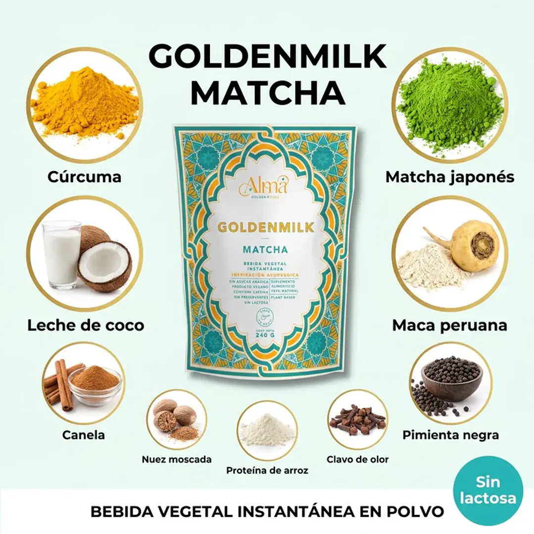 GOLDEN MILK MATCHA & MACA - Leche Dorada instantánea vegana con Matcha japonés y Maca blanca (80g) 2