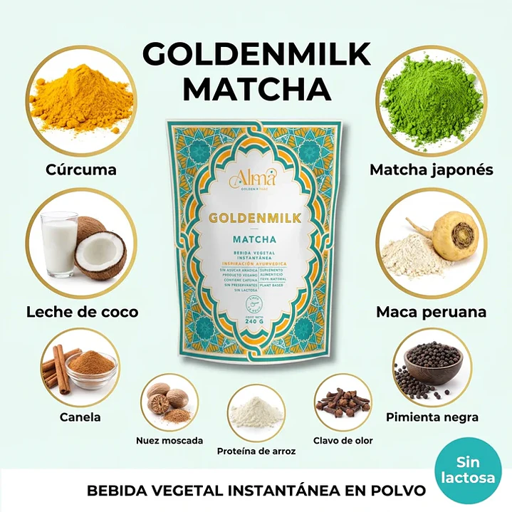 GOLDEN MILK MATCHA & MACA - Leche Dorada instantánea vegana con Matcha japonés y Maca blanca (80g) 2