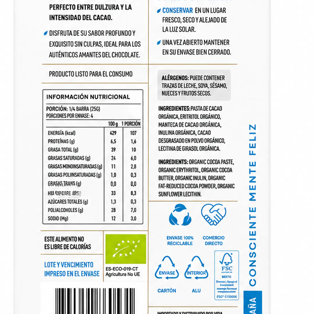 Chocolate Sin Azúcar 62% Cacao Orgánico Manare 100 g 2