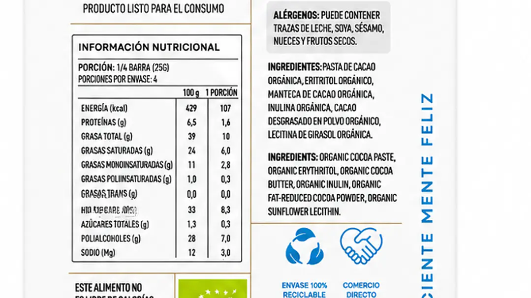 Chocolate Sin Azúcar 62% Cacao Orgánico Manare 100 g 2