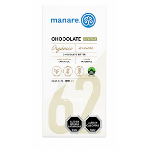 Chocolate Sin Azúcar 62% Cacao Orgánico Manare 100 g