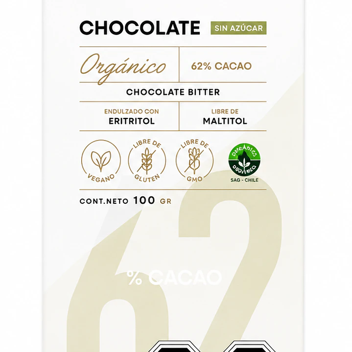 Chocolate Sin Azúcar 62% Cacao Orgánico Manare 100 g 1