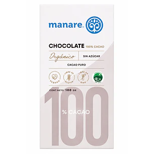 Chocolate 100% Cacao Orgánico Manare 100 g