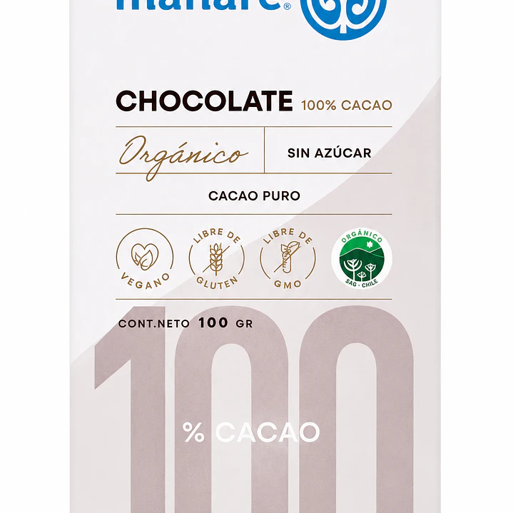 Chocolate 100% Cacao Orgánico Manare 100 g 1