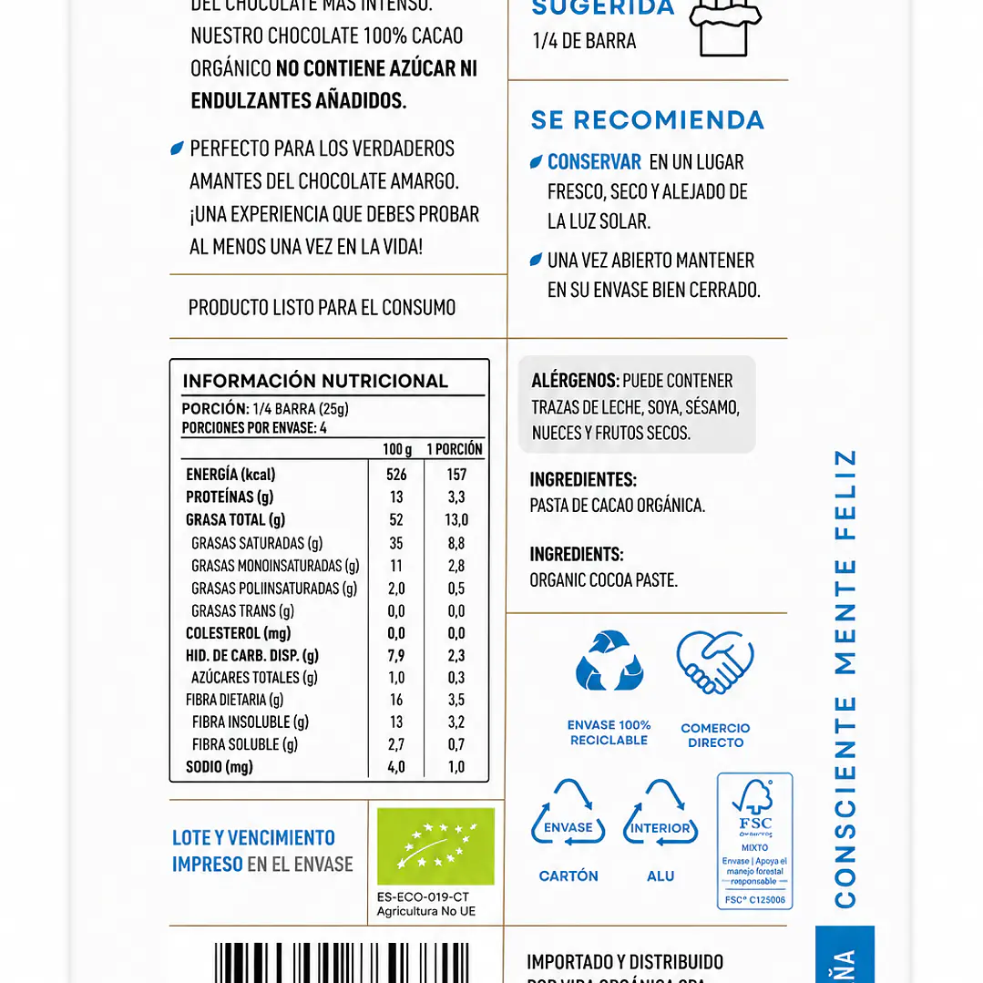 Chocolate 100% Cacao Orgánico Manare 100 g 2