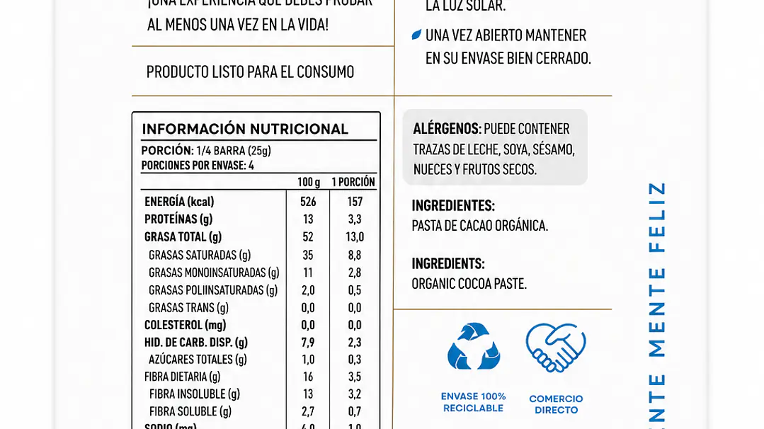Chocolate 100% Cacao Orgánico Manare 100 g 2