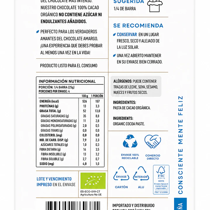Chocolate 100% Cacao Orgánico Manare 100 g 2