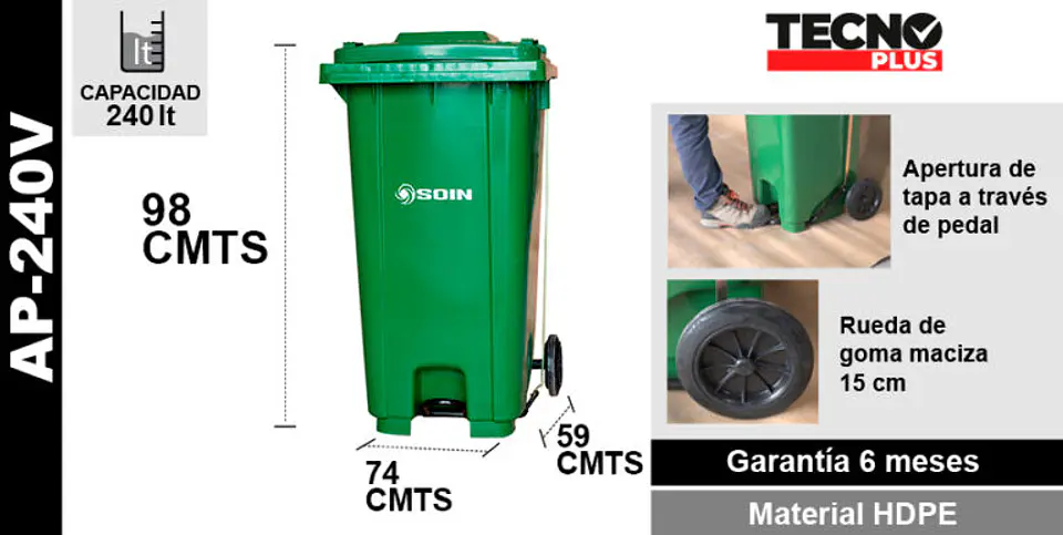 Basurero C/tapa,rueda Y Pedal 240l 5