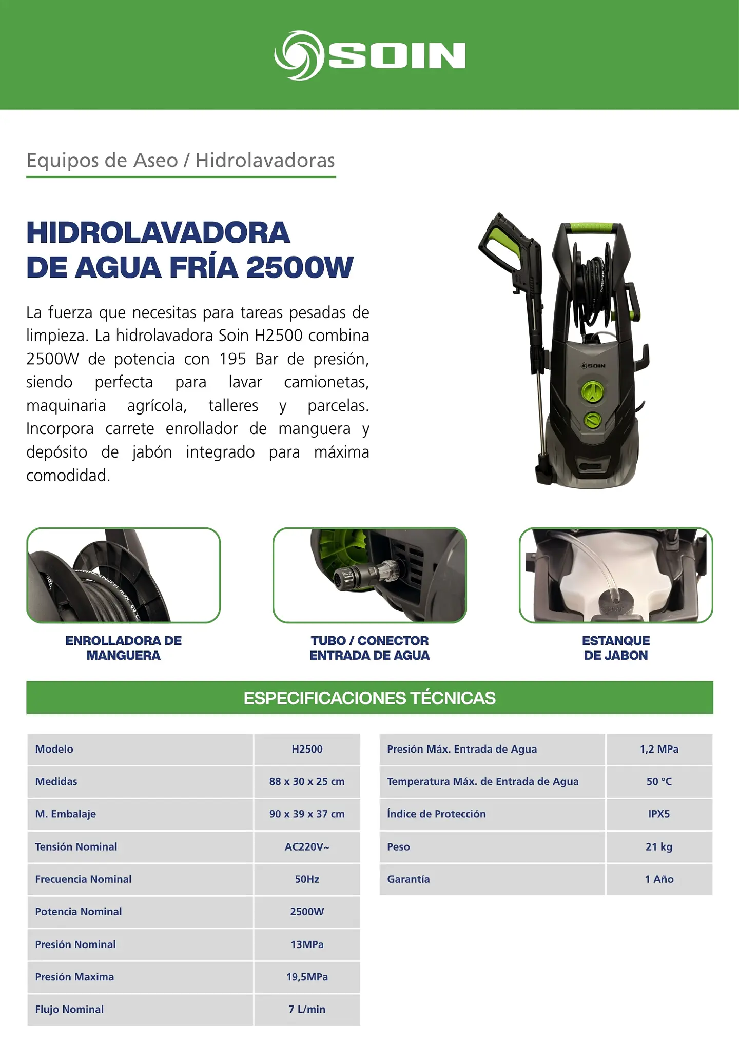 HIDROLAVADORA INDUSTRIAL AGUA FRÍA 2500W SOIN 5
