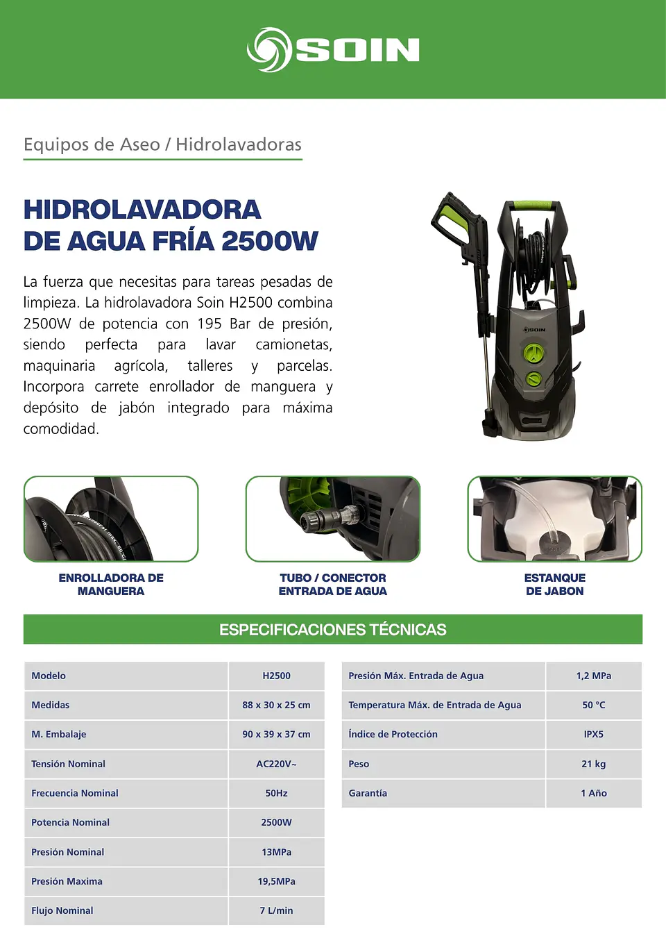 HIDROLAVADORA INDUSTRIAL AGUA FRÍA 2500W SOIN 5