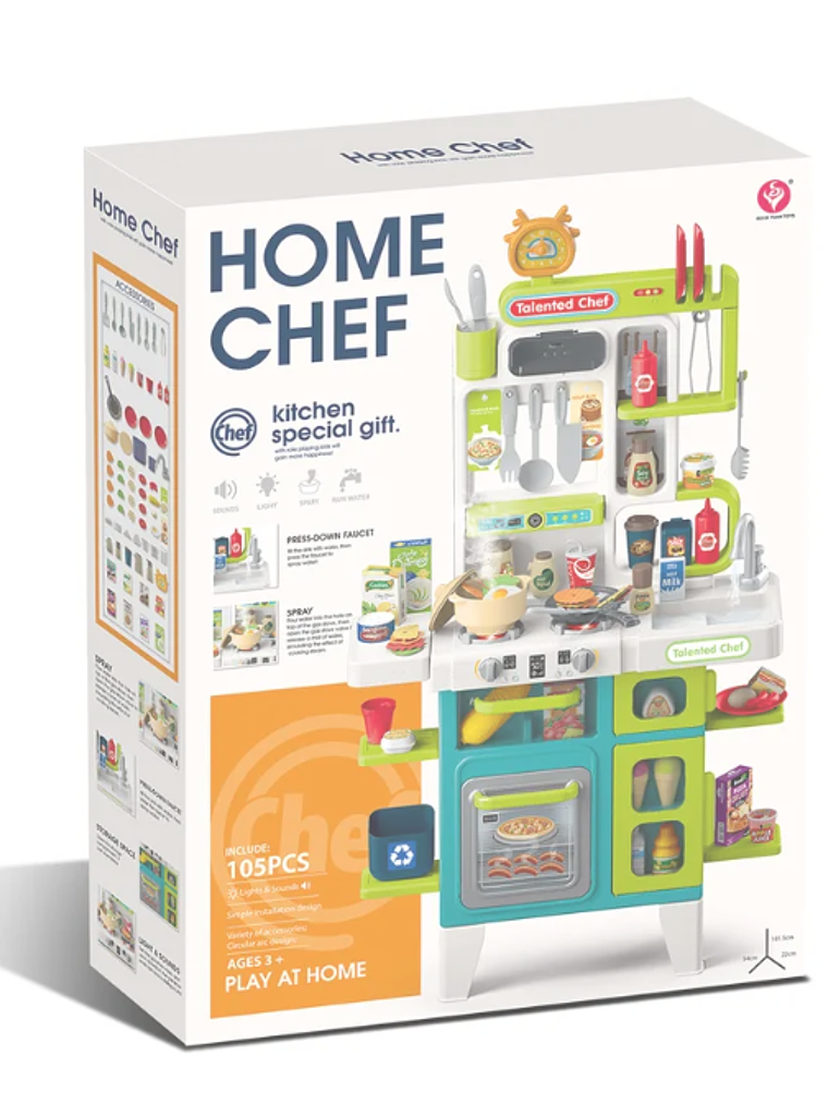 Home Chef - Cocina De Juguete Infantil Chef PRO 101cm, con agua, luz, sonido, vapor y 104 piezas. 1
