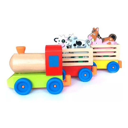 Tren Juguete De Madera Para Niños Granja Y Animales Color Multicolor