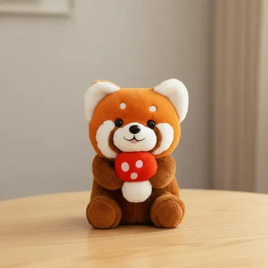 Peluche Panda Rojo Con Hongo Kawaii Suave Adorable Tierno