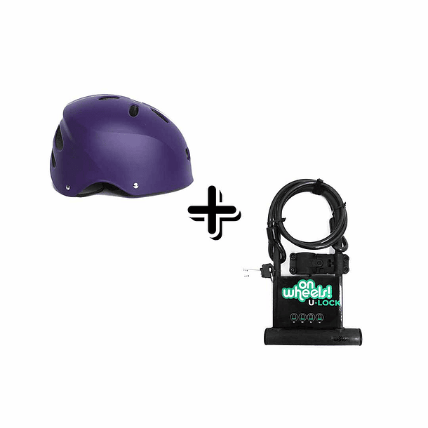 CASCO STREET HOOK CON LUZ MORADO TALLA M(54-57) +U-LOCK ONWHEELS LARGO CON PIOLA Y SOPORTE - NEGRO  1