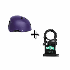 CASCO STREET HOOK CON LUZ MORADO TALLA L(57-59)+U-LOCK ONWHEELS LARGO CON PIOLA Y SOPORTE - NEGRO 