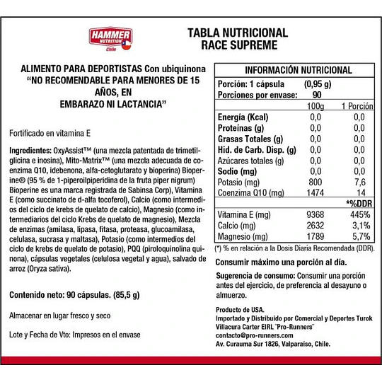 Energia y Recuperación – RACE CAPS SUPREME – HAMMER NUTRITION