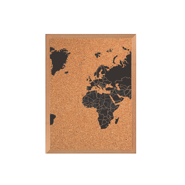 Mapa mundi triple negro con corcho a la vista con países