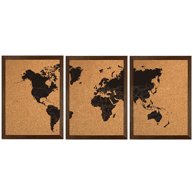 Mapa mundi triple negro con corcho a la vista con países segmentados marco Nogal