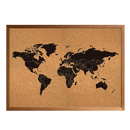 Mapa mundi negro corcho a la vista con países segmentados marco madera