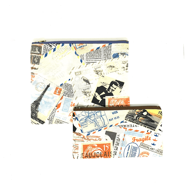 Pack estuches guarda todo tamaño M y L tela Postcard cierre azul y cafe