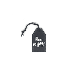 Tag de equipaje frase "Bon voyage" cuero negro letras plateadas