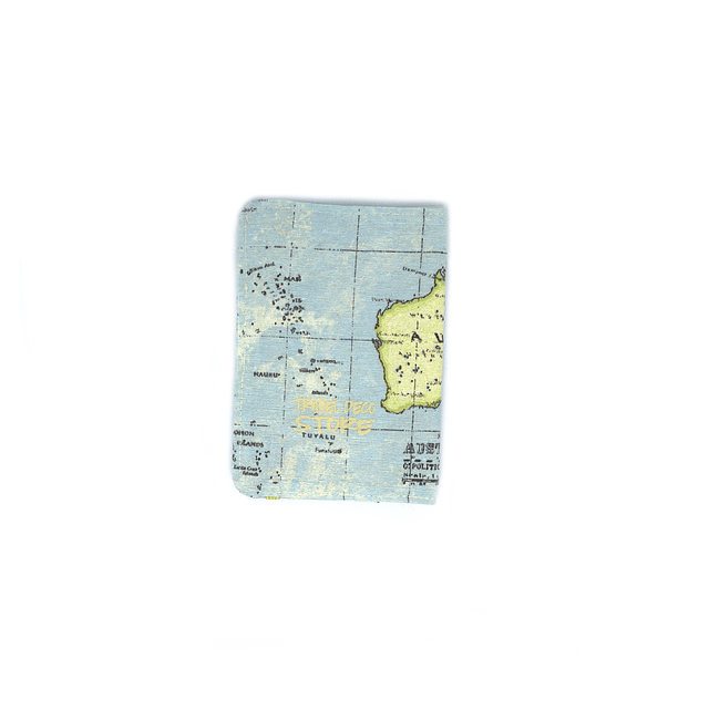 Porta pasaporte tela "mapa mundi colores" con elástico amarillo