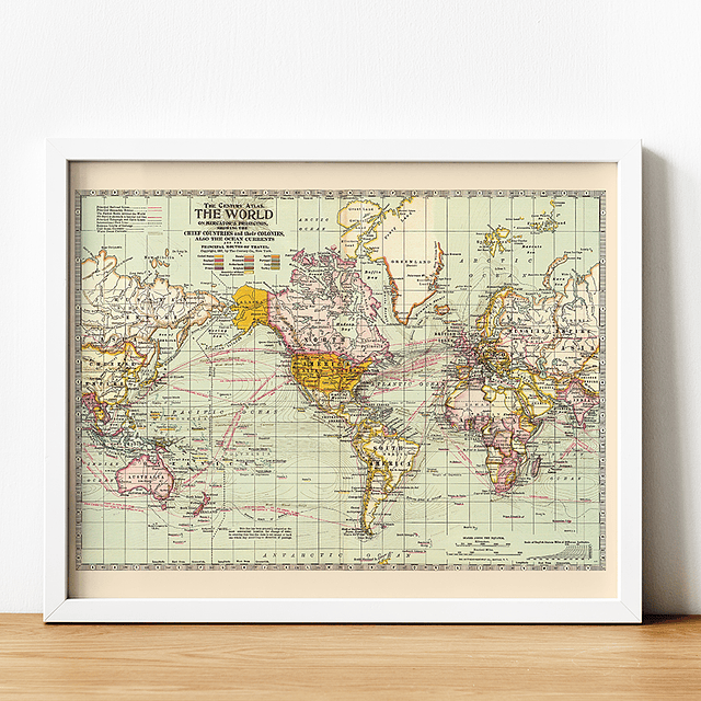 Print para enmarcar: mapa Mundi rutas marítimas de viajes 40x30 cms