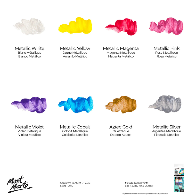 Set 8 Pinturas De Tela Metálicas 20 Ml Mont Marte 2