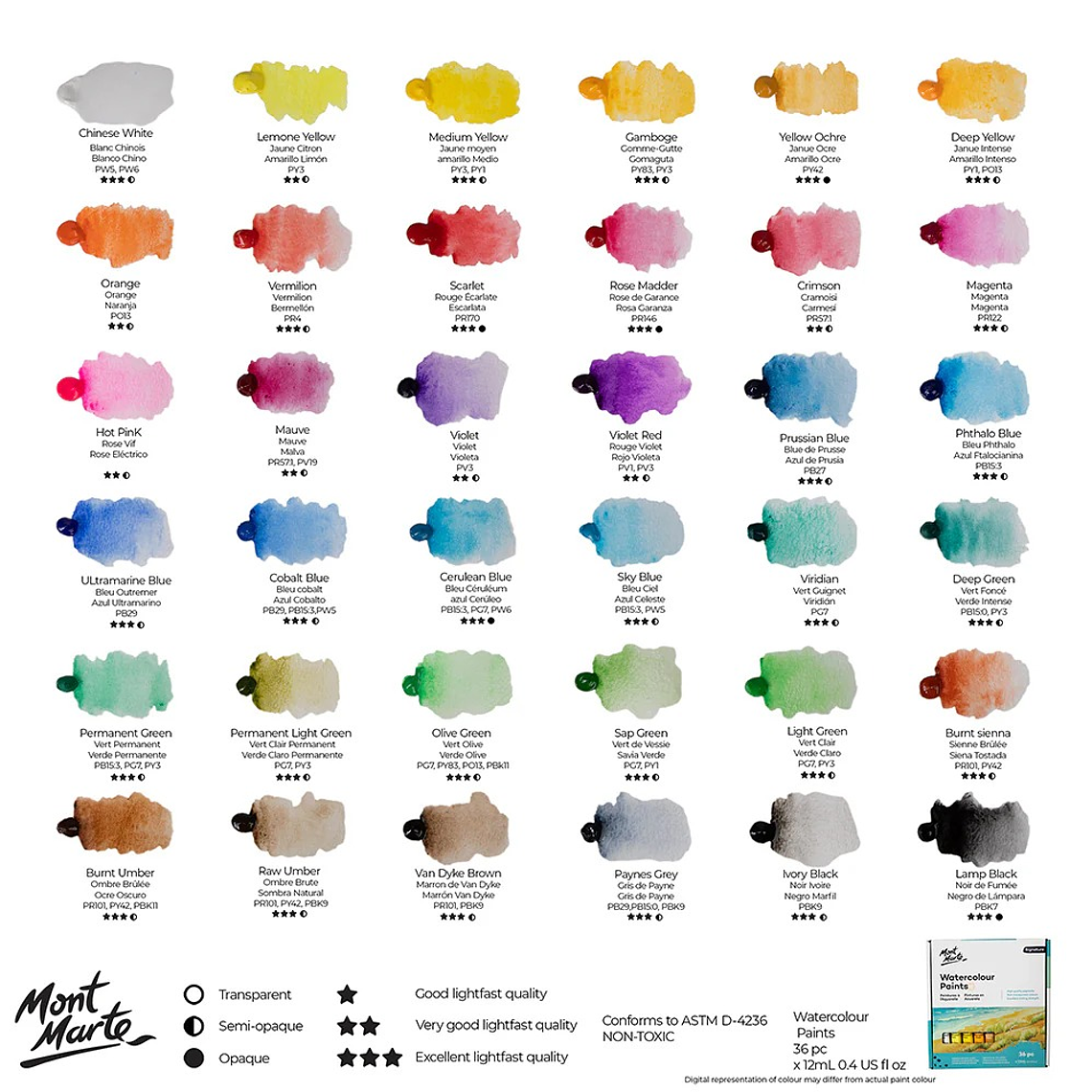 Set De 36 Acuarelas Profesionales En Tubo Mont Marte X 12 Ml 5