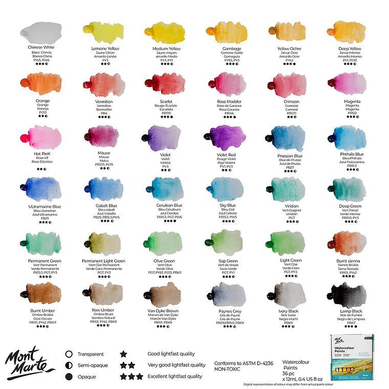 Set De 36 Acuarelas Profesionales En Tubo Mont Marte X 12 Ml 5
