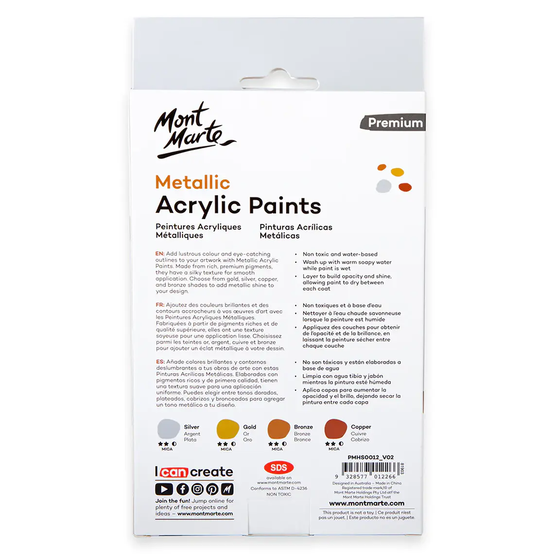 Set 4 Pinturas Acrílicas Metalizadas Mont Marte 50 Ml C/u 4