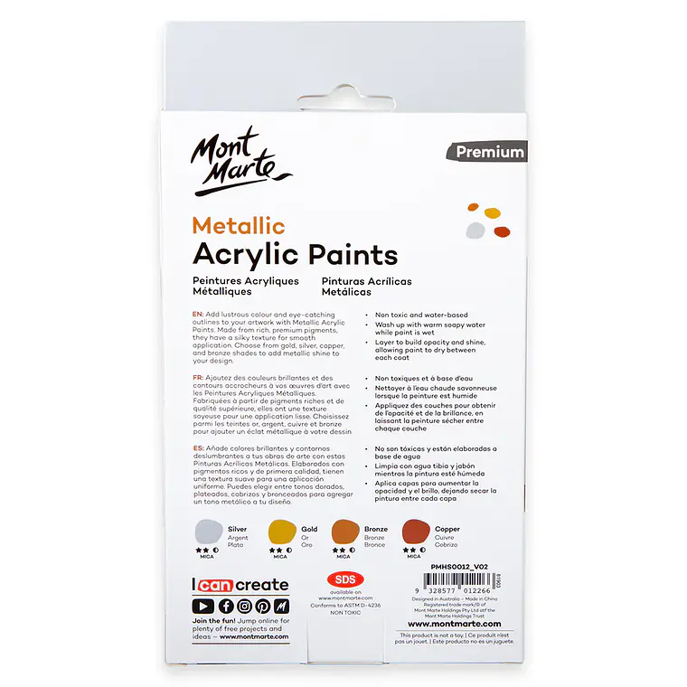 Set 4 Pinturas Acrílicas Metalizadas Mont Marte 50 Ml C/u 4