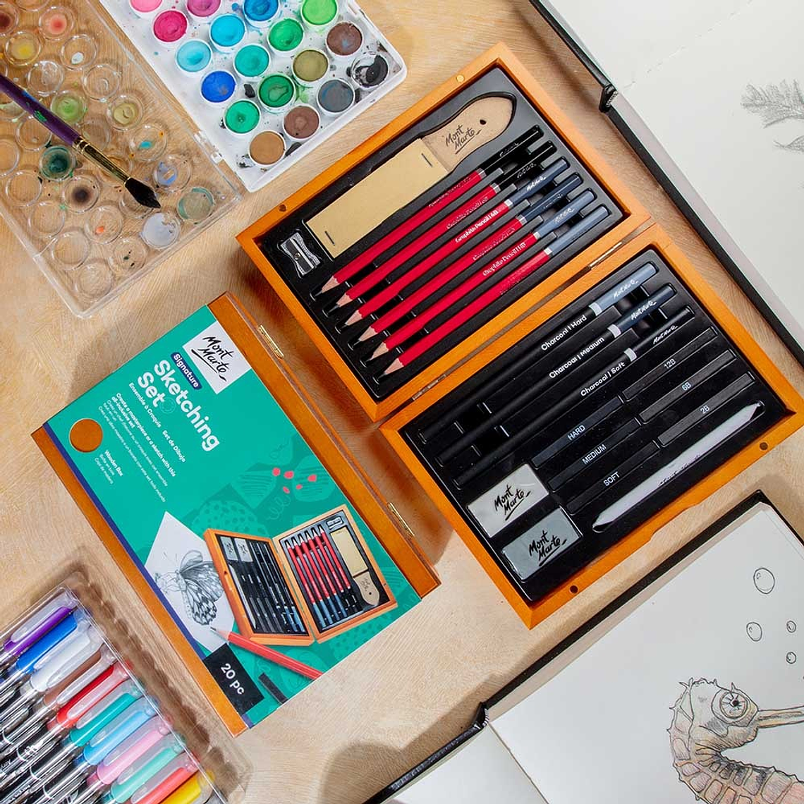 Set Para Dibujo y Bocetos Caja Madera Mont Marte 20 Pcs 2