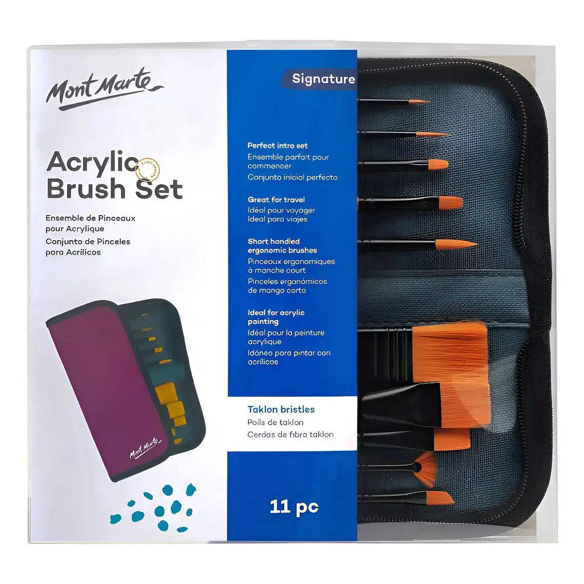 Set De 10 Pinceles Para Acrílicos Con Estuche Mont Marte Naranja 1