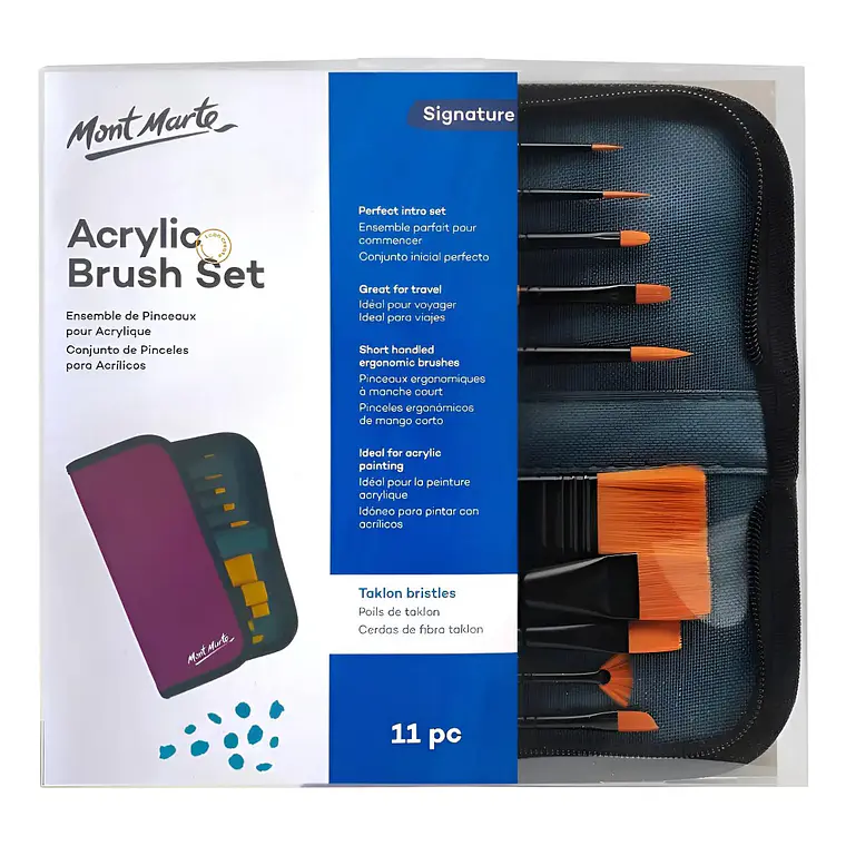 Set De 10 Pinceles Para Acrílicos Con Estuche Mont Marte Naranja 1