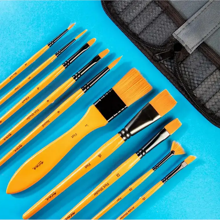 Set De 10 Pinceles Para Acrílicos Con Estuche Mont Marte Naranja 3