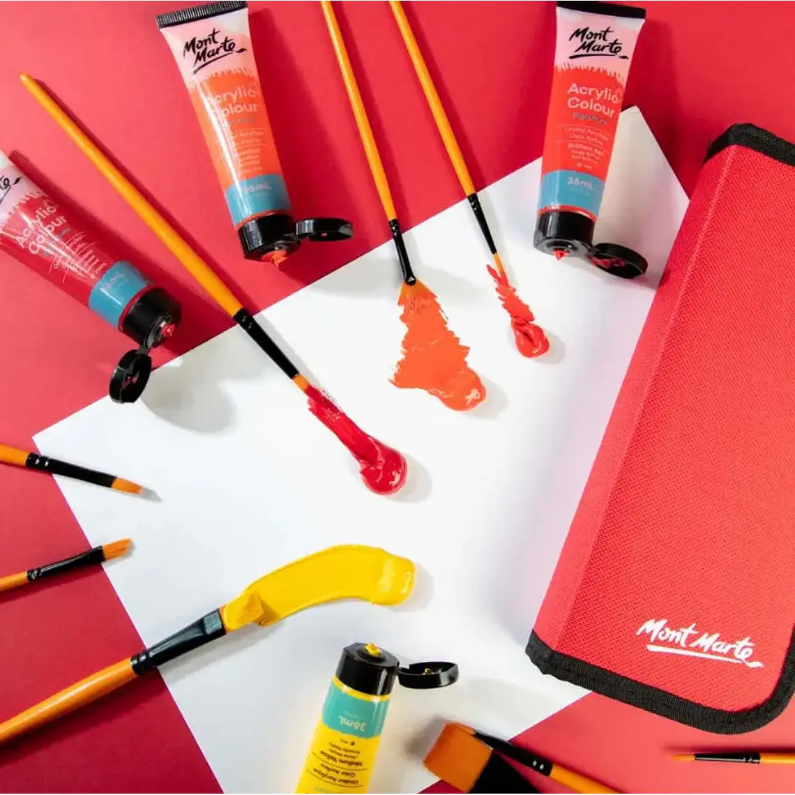 Set De 10 Pinceles Para Acrílicos Con Estuche Mont Marte Naranja 5