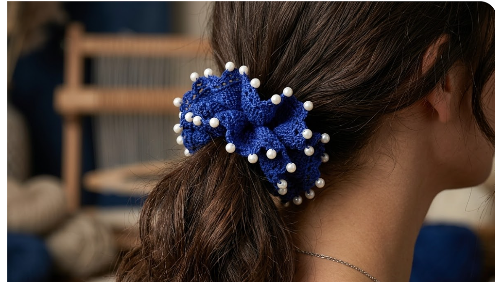 Cole para el Cabello Tejido Azul con Perlas – Elegancia Artesanal 2