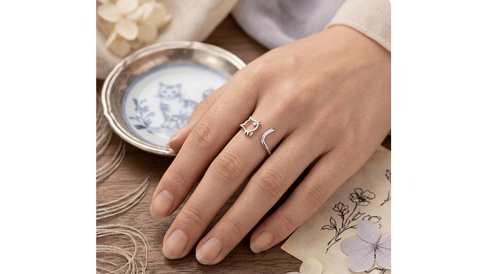 Anillo Gatito con Circonita en Plata 925 Ajustable – Estilo Romántico y Delicado 2