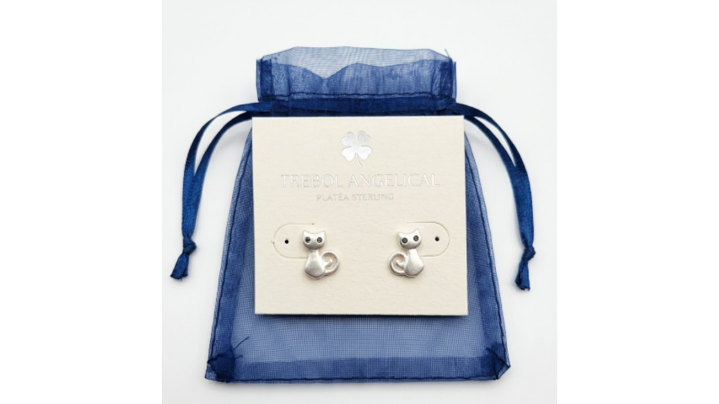 Aros Gatito Minimalista en Plata 925 con Ojos Negros – Detalle que Enamora 3