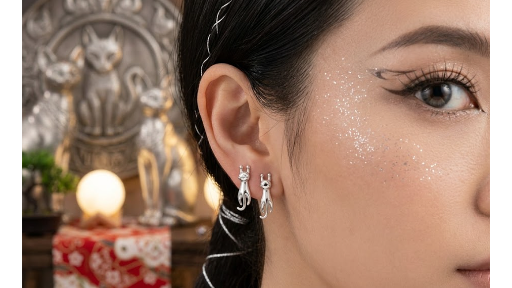 Aros Gato Negro Minimalista con Detalles Brillantes – Estilo Elegante y Audaz 2