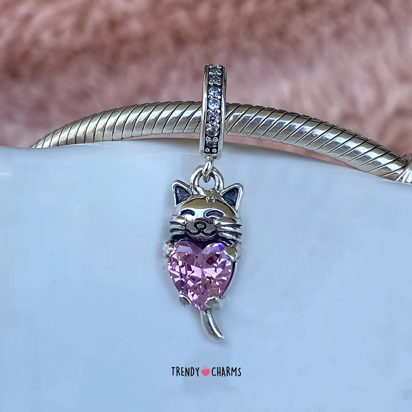 Charm Gato Corazón Rosa Plata 925 1