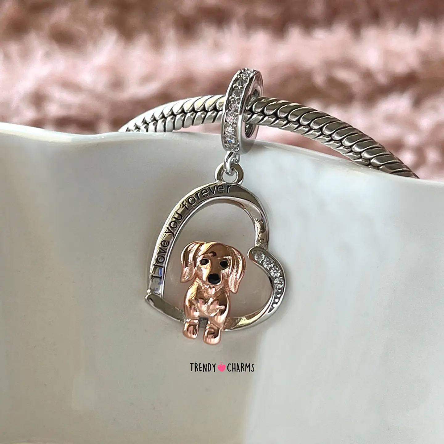 Charm Perro Salchicha Dachshund Te amo Plata 925 3