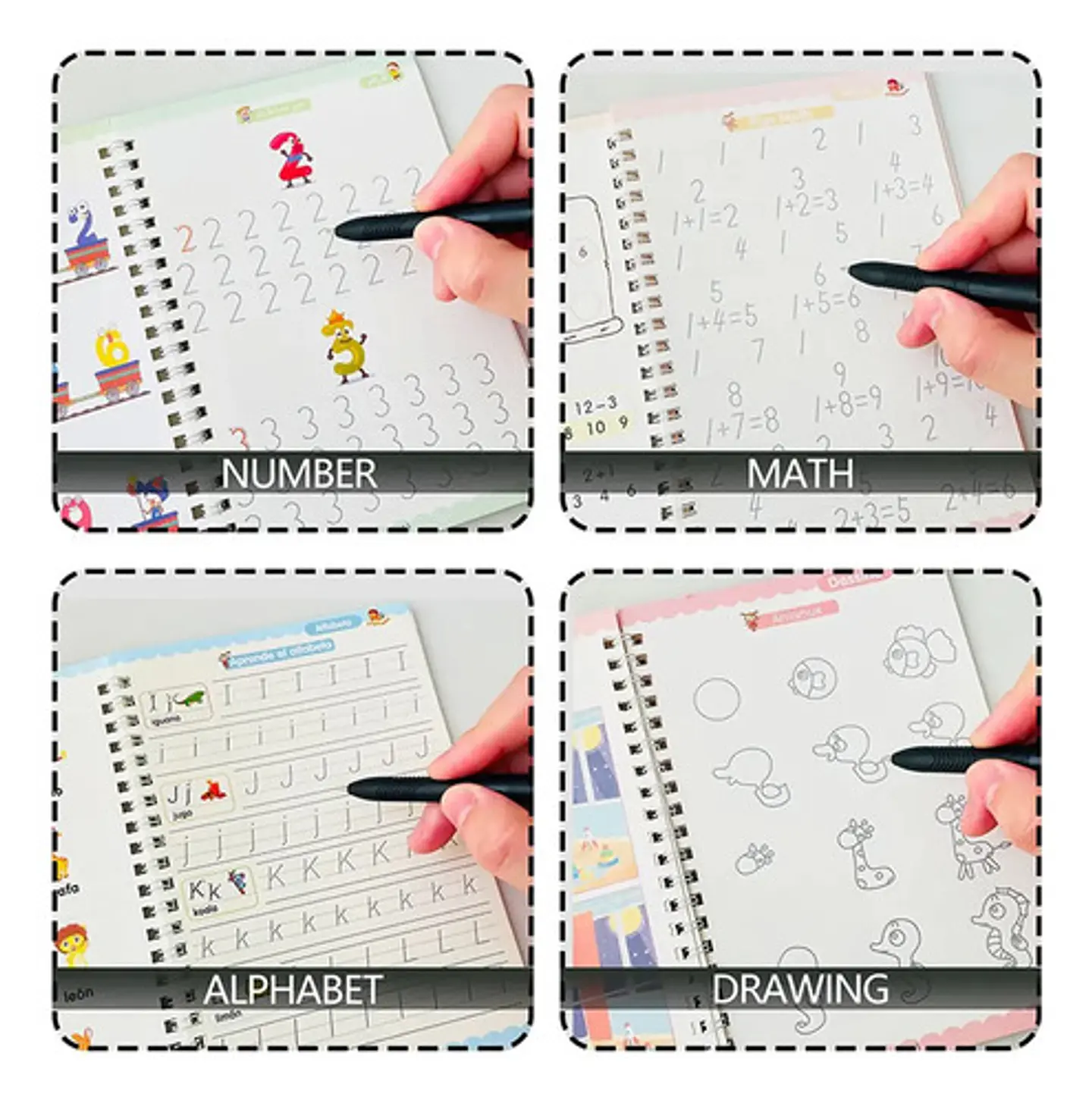 Pack De 4 Cuadernos Mágicos Español e Ingles Para Caligrafía Y Aprendizaje Con Bolígrafos Y Recambios 4