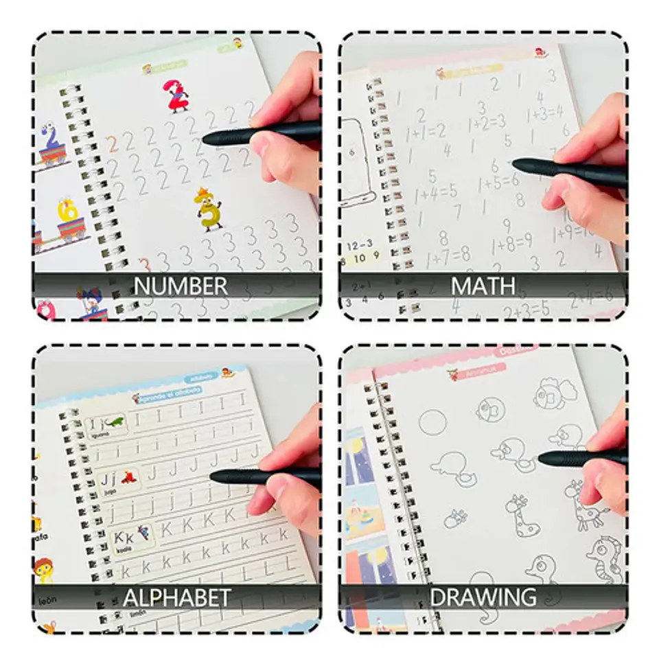 Pack De 4 Cuadernos Mágicos Español e Ingles Para Caligrafía Y Aprendizaje Con Bolígrafos Y Recambios 4
