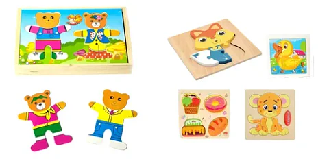 Kit Montessori: Puzzle Encaje Vestir Osos Madera + Set 4 Rompecabezas Madera