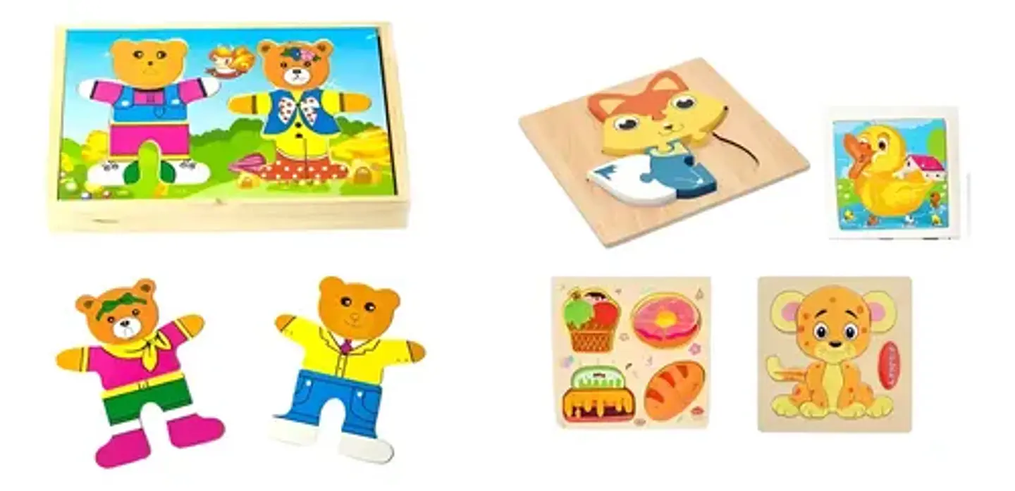 Kit Montessori: Puzzle Encaje Vestir Osos Madera + Set 4 Rompecabezas Madera 1
